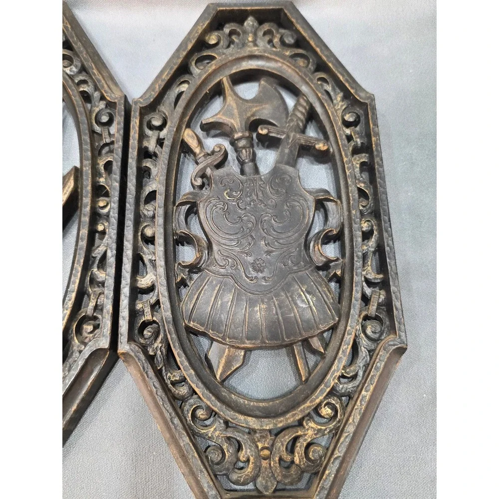 Vintage Medieval Knight Wall Art Set 3 Resin Plaques Armor Shield Helmet Bronze
